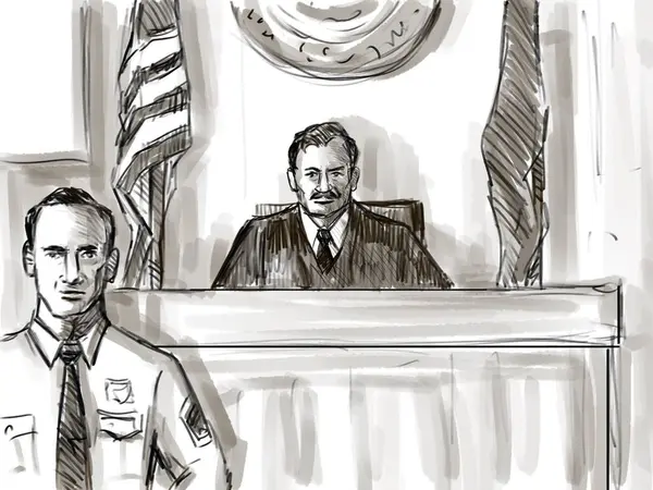 Pastel Kalem Mürekkep Çizimi Taraftaki Yargı Mahkemesi Hukuk Mahkemesindeki Duruşma — Stok fotoğraf