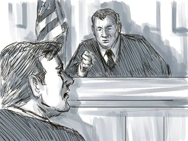 裁判所裁判のパステル鉛筆とインクのスケッチイラスト 裁判官は被告または原告を非難し 司法裁判所と司法裁判所で裁判所を軽視した — ストック写真