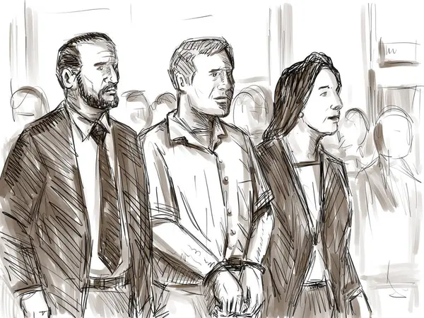 Pastelová Tužka Pero Inkoust Náčrt Ilustrace Odsouzeného Obžalovaného Odsouzeného Doprovází — Stock fotografie