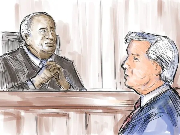 Pastelowy Ołówek Szkic Tusz Ilustrują Ustawienie Rozprawy Sądowej Sędzią Słuchającym — Zdjęcie stockowe
