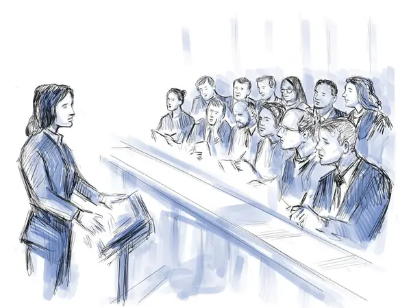 Pastelowy Długopis Szkic Tuszu Ilustrujący Proces Sądowy Obrońcy Oskarżonego Powoda — Zdjęcie stockowe