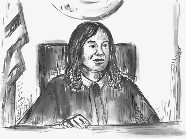 ปากกาด นสอพาสเทลและภาพสเก กของการทดลองในห องพ จารณาคด แสดงให พากษาหญ งชาวแอฟร นอเมร าในคด — ภาพถ่ายสต็อก