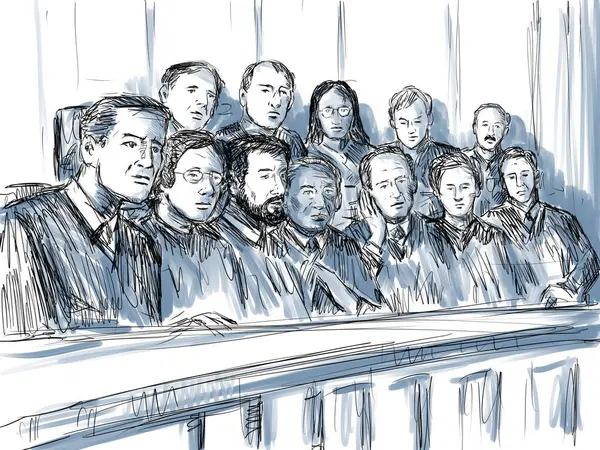 Pena Pensil Pastel Dan Sketsa Tinta Ilustrasi Pengadilan Mengatur Juri — Stok Foto