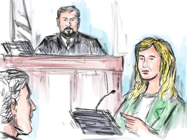 Pastel kalem ve mürekkep çizimi, hakim ve genç bir kadın sanığın, davacının, davacının, hukuk ve adalet mahkemesinde tanık kürsüsünde ifade verdiği bir mahkeme mahkemesinin çizimi..