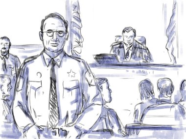 Pastel kalem ve mürekkep çizimi, ön taraftaki yargı mahkemesi ve hukuk mahkemesindeki duruşma sırasında hakim ve mübaşirle birlikte görülen bir mahkemenin tasviri..