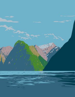 Fiordland Ulusal Parkı 'ndaki Milford Sound ve Yeni Zelanda' nın Güney Adası 'ndaki Piopiotahi Deniz Koruma Alanı' ndaki WPA poster deco 'su, proje yönetimi veya federal sanat projesi tarzında yapıldı.