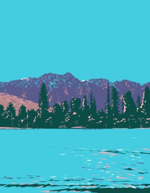 Güney Alpler 'deki Remarkables Dağları' nın WPA poster sanatı Yeni Zelanda 'nın Queenstown, Otago, Güney Adası' ndan proje yönetimi veya federal sanat projesi tarzında yapıldı..