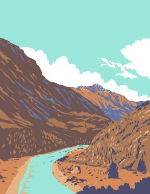 Shotover River Kimiakau 'nun WPA poster sanatı. Queenstown, Otago, Yeni Zelanda' daki Arthurs Point 'ten izlenen Mount Aspiring, proje yönetimi veya federal sanat projesi tarzında yapıldı.