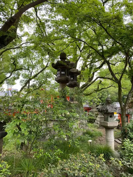 stock image Photo of a Japanese stone lantern in garden at Yasaka Shrine or Gion Shrine, a Shinto shrine in the Gion District of Kyoto, Japan.