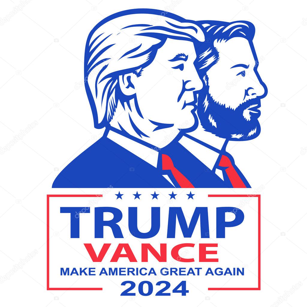 AUCKLAND, NEW ZEALAND, Jul 25, 2024: Illustration of American president Donald Trump and Senator JD Vance Republican Presidential candidate with words Trump Vance 2024 Make America Great Again