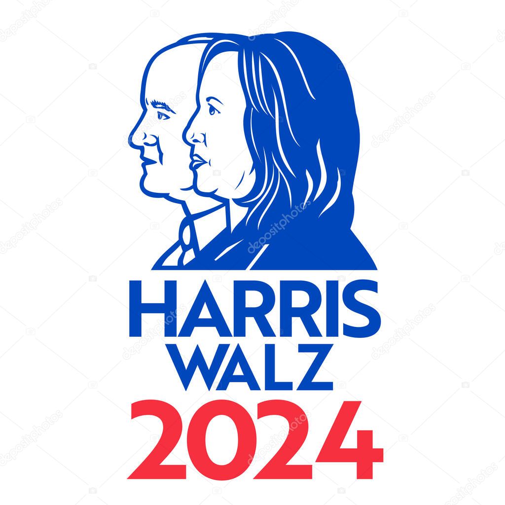 Illustration of American president and vice president candidate for US election Democrat Kamala Harris and Governor Tim Walz with words Harris Walz 2024 viewed from side done in retro style.