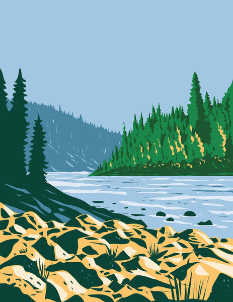 Плакат WPA о Провинциальном парке реки Пембина, расположенный между Энтуистлом и Эвансбургом в центральной Альберте, Канада, выполненный в административном или федеральном стиле проекта