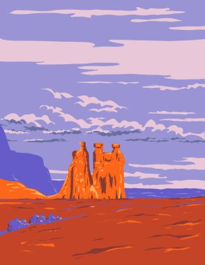 WPA 'nın Üç Dedikoducu Poster Sanatı, Adliye Binası' ndaki kum taşı Kulesi Moab, Utah 'taki Arches Ulusal Parkı, Birleşik Devletler' in çalışma projesi yönetimi veya federal sanat projesi tarzında yapılmıştır..