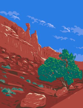 WPA poster sanatı Queen Nefertiti Rock 'un Park Avenue bölümünde Moab, Utah' ta Arches National Park, Birleşik Devletler 'de proje yönetimi veya federal sanat projesi tarzında yapılmıştır..