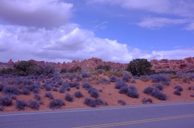 Amerika Birleşik Devletleri Moab, Utah 'taki Arches Ulusal Parkı' nda bulunan Devils Garden 'daki Fin Canyon' daki kaya yüzgeçlerinin fotoğrafı..