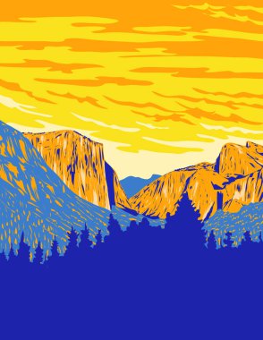 Wawona Tüneli, Yosemite Vadisi, El Capitan, Bridalveil Fall in Yosemite Ulusal Parkı, Kaliforniya ABD 'de sergilenen WPA poster sanatı