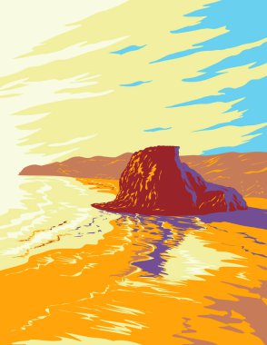 Yeni Zelanda 'nın Kuzey Adası' nın Auckland bölgesinin Waitakere Ranges bölgesindeki Piha Sahili 'ndeki Lion Rock' ın WPA poster sanatı proje yönetimi veya federal sanat projesi tarzında yapıldı