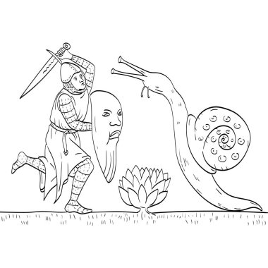 Line art drawing illustration of a knight or nobleman soldier fighting a giant snail with sword done in medieval style on isolated background in black and white clipart