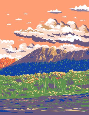 Kanada 'nın Alberta kentindeki Banff Ulusal Parkı' nda yer alan Lac des Arcs yakınlarındaki Kanada Rocky Dağları 'nın WPA poster sanatı çalışma projesi yönetimi veya federal sanat projesi tarzında yapılmıştır.