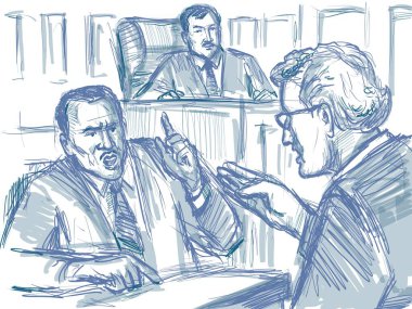 Yargıç, siyah sanık, davacı, savcının ya da yargı mahkemesinin çapraz sorgusunda ifade verdiği mahkeme davasının kalem ve mürekkep çizimi..