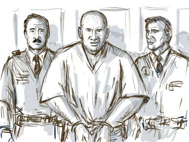 Pastel kalem ve mürekkep çizimi, tedirgin bir sanığın mahkeme salonuna polis tarafından mahkemeye götürüldüğünü gösteriyor..