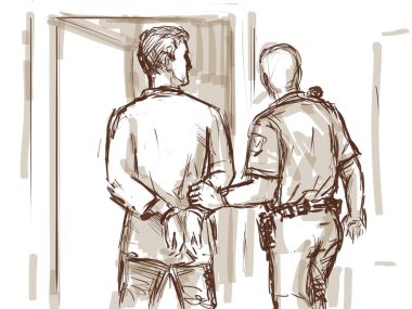 Mahkeme veya mahkeme salonunda verilen hüküm giydikten sonra mübaşir polis tarafından çıkarılan tutuklu sanığın Pastel kalem ve mürekkep çizimi..