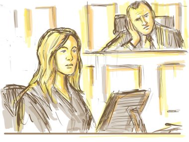 Pastel pencil pen and ink sketch illustration of a courtroom trial setting with judge and young female white defendant, plaintiff, witness testifying on stand in judiciary court of law and justice. clipart