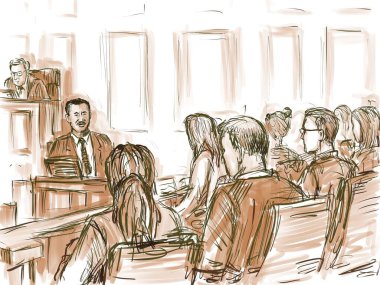 Pastel tükenmez kalem ve mürekkep çizimi, mahkeme salonundaki bir mahkemenin çizimi. Siyahi bir sanık, davacı, 12 kişilik jürinin önünde ifade veriyor. Yargı mahkemesi ve adalet içinde..