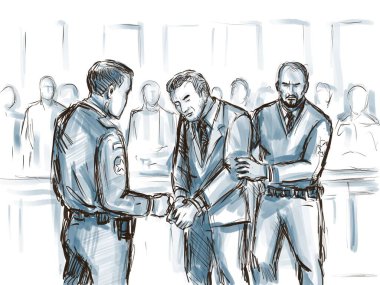 Mahkeme veya mahkeme salonunda verilen cezadan sonra mübaşir polis tarafından kelepçelenen mahkum sanığın Pastel kalem ve mürekkep çizimi..