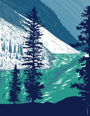 Moraine Gölü 'nün WPA poster sanatı Banff Ulusal Parkı' ndaki Ten Peaks Vadisi 'nde yer almaktadır.