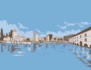 WPA 'nın, Ponts Couverts ve Barrage Vauban veya Vauban Baram' ın Grand Est bölgesindeki River III 'teki poster sanatı, eski adıyla Alsace France' ın çalışma projesi sanat deco stili.