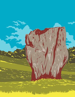 İngiltere 'nin Wiltshire kentindeki Avebury' nin kuzeybatısındaki taş çemberler içindeki Neolitik Henge Anıtı 'nın WPA poster sanatı proje yönetimi veya federal sanat projesi tarzında yapılmıştır.