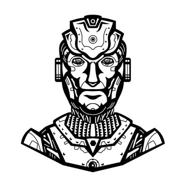 Siyah-beyaz retro tarzında izole edilmiş arka planda ön planda görülen bir erkek insansı robot robot robot robot kafasının maskot çizimi.