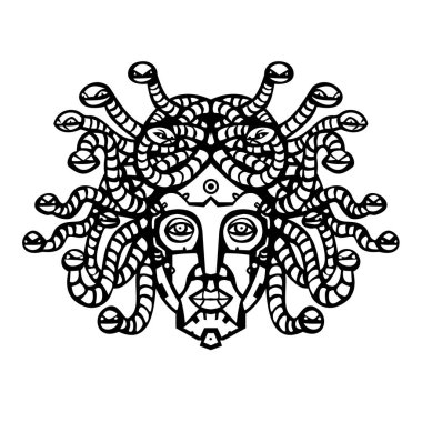 Medusa ya da Gorgo gibi insansı robot robot robot bir robotun kafasının maskot çizimi ya da ön taraftan izole edilmiş arka planda saçı olan robotik yılanlı Gorgon.