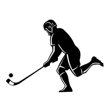 Stencil illustration of silhouette of a Shinty player, a hockey style team sport played with sticks called caman and a ball doing keepy-uppy on isolated background done in black and white retro style.