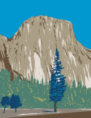 Yosemite Vadisi 'ndeki Vadi Manzarası' ndan El Capitan 'ın WPA poster sanatı Yosemite Ulusal Parkı, Kaliforniya çalışma projesi yönetimi veya federal sanat projesi tarzında yapıldı.