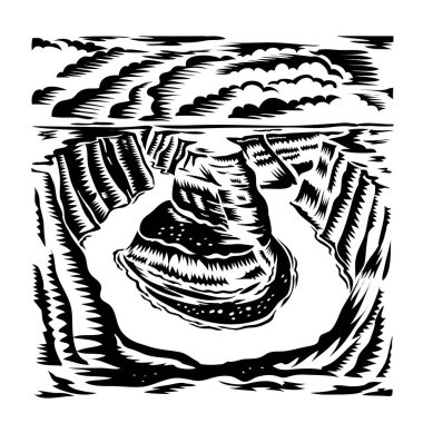 ABD 'nin Arizona, Page yakınlarındaki Büyük Kanyon' un doğu ucundaki Glen Canyon Ulusal Rekreasyon Alanı 'ndaki Horseshoe Bend' in Retro ahşap tarzı çizimi siyah beyaz arka planda izole edildi.