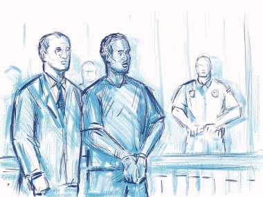 Pastel kalem ve mürekkep çizimi. Siyahi bir Afro-Amerikan hükümlü sanık. Avukat mübaşir polis memuru mahkeme veya mahkeme salonunda cezaya çarptırıldı..