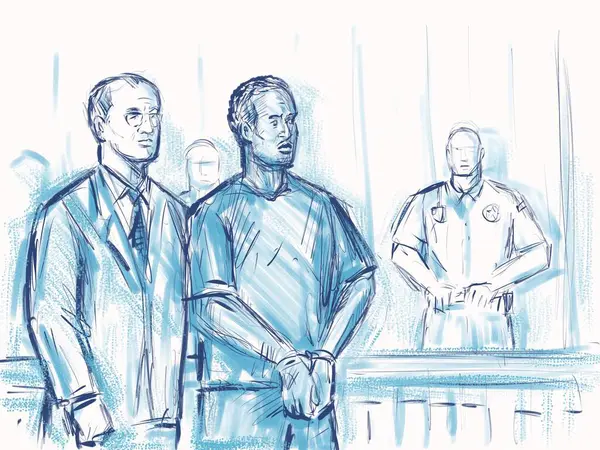 Pastel kalem ve mürekkep çizimi. Siyahi bir Afro-Amerikan hükümlü sanık. Avukat mübaşir polis memuru mahkeme veya mahkeme salonunda cezaya çarptırıldı..