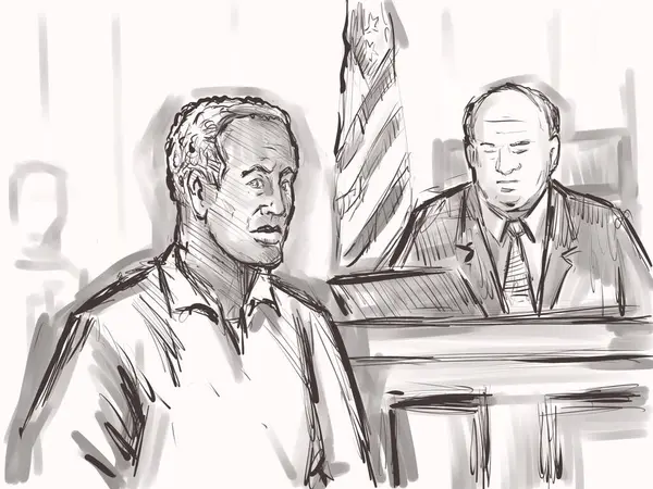 Siyahi Afrikalı Amerikalı sanık, davacı, davacı, yargı ve adalet mahkemesindeki mahkeme davasında hakim önünde tanık olan bir mahkemenin Pastel kalem ve mürekkep çizimi..