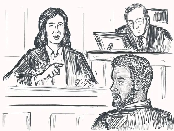 Pastel kalem ve mürekkep çizimi, hakim ve genç bir kadın davalı, davacı ve siyahi Afro-Amerikalı bir adamı işaret eden bir tanığın duruşmasının çizimi..