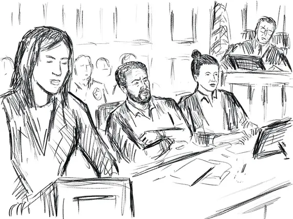 Pastel kalem ve mürekkep çizimi mahkeme salonunun kadın avukat ve siyahi Afrikalı Amerikalı sanığın mahkeme davasının kapanış konuşmasında hakim ve jüriye hitap ettiği çizim..