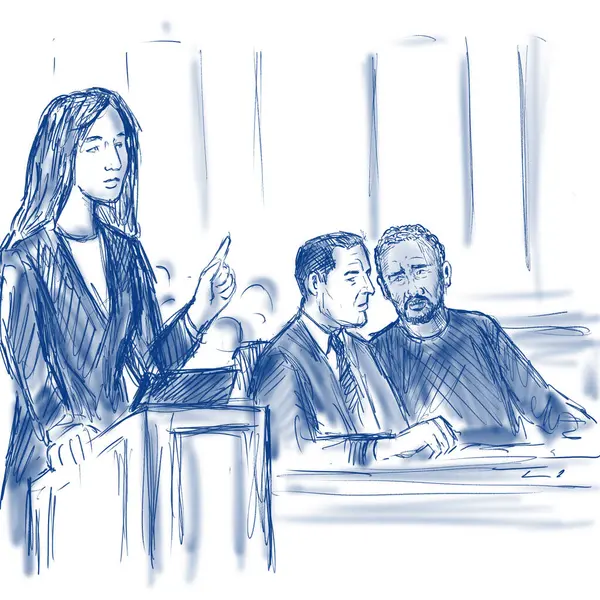 Pastel kalem ve mürekkep çizimi mahkeme salonunun kadın avukat ve siyahi Afrikalı Amerikalı sanığın mahkeme davasının kapanış konuşmasında hakim ve jüriye hitap ettiği çizim..