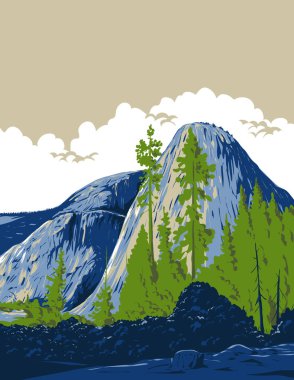 Yosemite Ulusal Parkı 'ndaki John Muir Patikası' ndaki Little Yosemite Vadisi 'ndeki Liberty Cap, Broderick Dağı ve Half Dome posterleri proje yönetimi veya federal sanat projesi tarzında yapıldı..