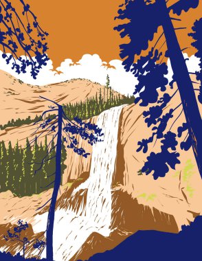 WPA 'nın Vernal Fall poster sanatı, ABD' nin Yosemite Ulusal Parkı 'ndaki Merced Nehri üzerindeki bir şelale proje yönetimi veya federal sanat projesi tarzında yapılan Mist Trail boyunca izlendi.