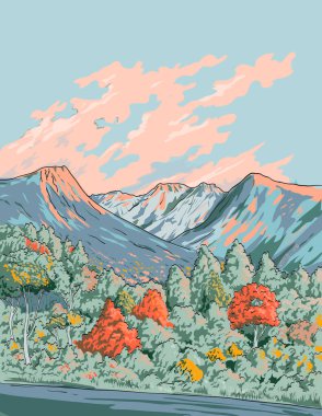 Daisetsuzan Ulusal Parkı içinde yer alan Ishikari Dağları 'nın Daikari Volkanik Grubu' nun bir parçası olan Hokkaido, Higashikawa 'daki Asahi Dağı' nın Ukiyo-e veya ukiyo wpa tarzı bir illüstrasyonudur..