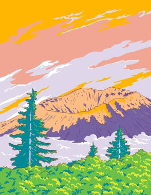 Ukiyo-e ya da Ukiiyo wpa tarzı Bandai Dağı 'nın Tohoku bölgesindeki Bandai-Asahi Ulusal Parkı, Honshu, Japonya