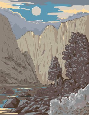 WPA stili ukiyo-e ya da Gunnison Nehri 'nin batı Colorado' daki Gunnison Ulusal Parkı 'ndaki Black Canyon boyunca resmedilmiş hali..