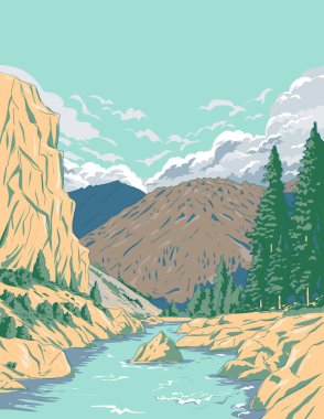 ABD 'nin Chaffee County, Colorado' daki Browns Canyon Ulusal Anıtı 'ndaki Arkansas Nehri' nin WPA stili ukiyo-e veya ukiyo illüstrasyonu eski çalışma proje yönetimi tarzında yapılmıştır..