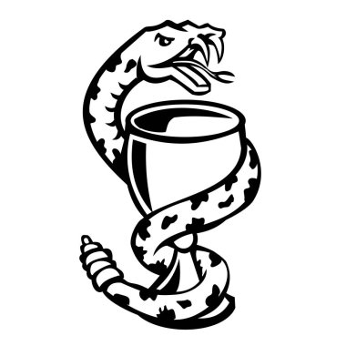 Bir kadehin, fincanın ya da Hygieia kasesinin etrafını saran yılan, yılan ya da yılan maskotu çizimi önden izole edilmiş arka planda siyah ve beyaz retro tarzıyla görülüyor..